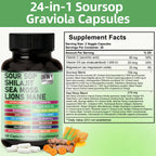 24-in-1 Soursop Graviola Capsules with Sea Moss, Shilajit, Lions Mane, Natural Supplement for Immune Support, Energy, Gut Health, Vegan, 60 Capsules