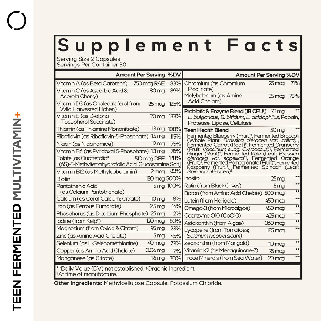 Codeage Teen Multivitamin Supplement – Daily Vitamins and Minerals for Teen Boys and Girls – Organic Whole Food Formula with Omega-3 and Vitamins A to K - 60 Capsules