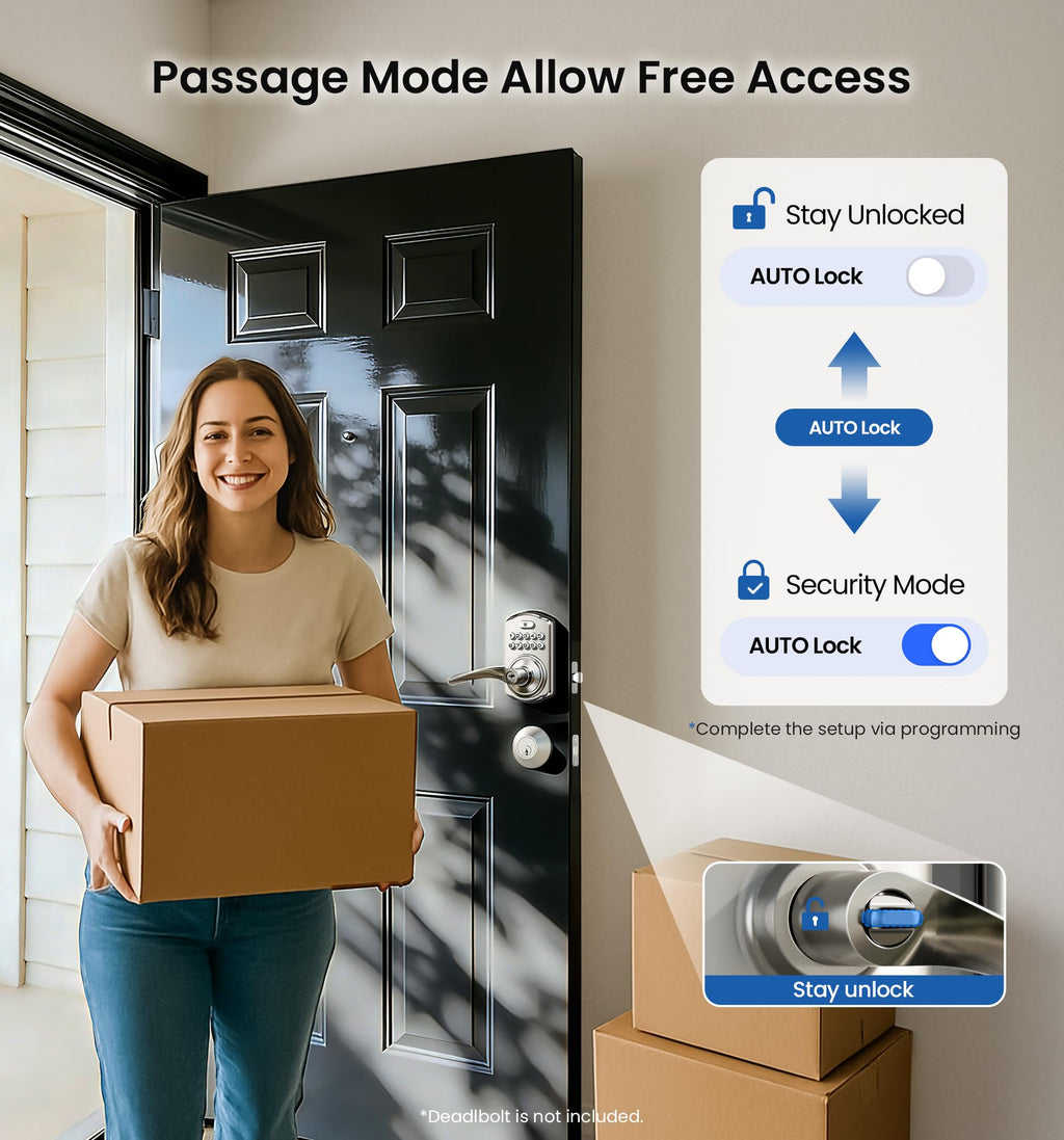 Veise Keypad Door Lock with Handle, Keyless Entry for Front Door & Bedroom, Electronic Lock with Code, Auto-Locking, Easy Installation, Passage Mode, Satin Nickel