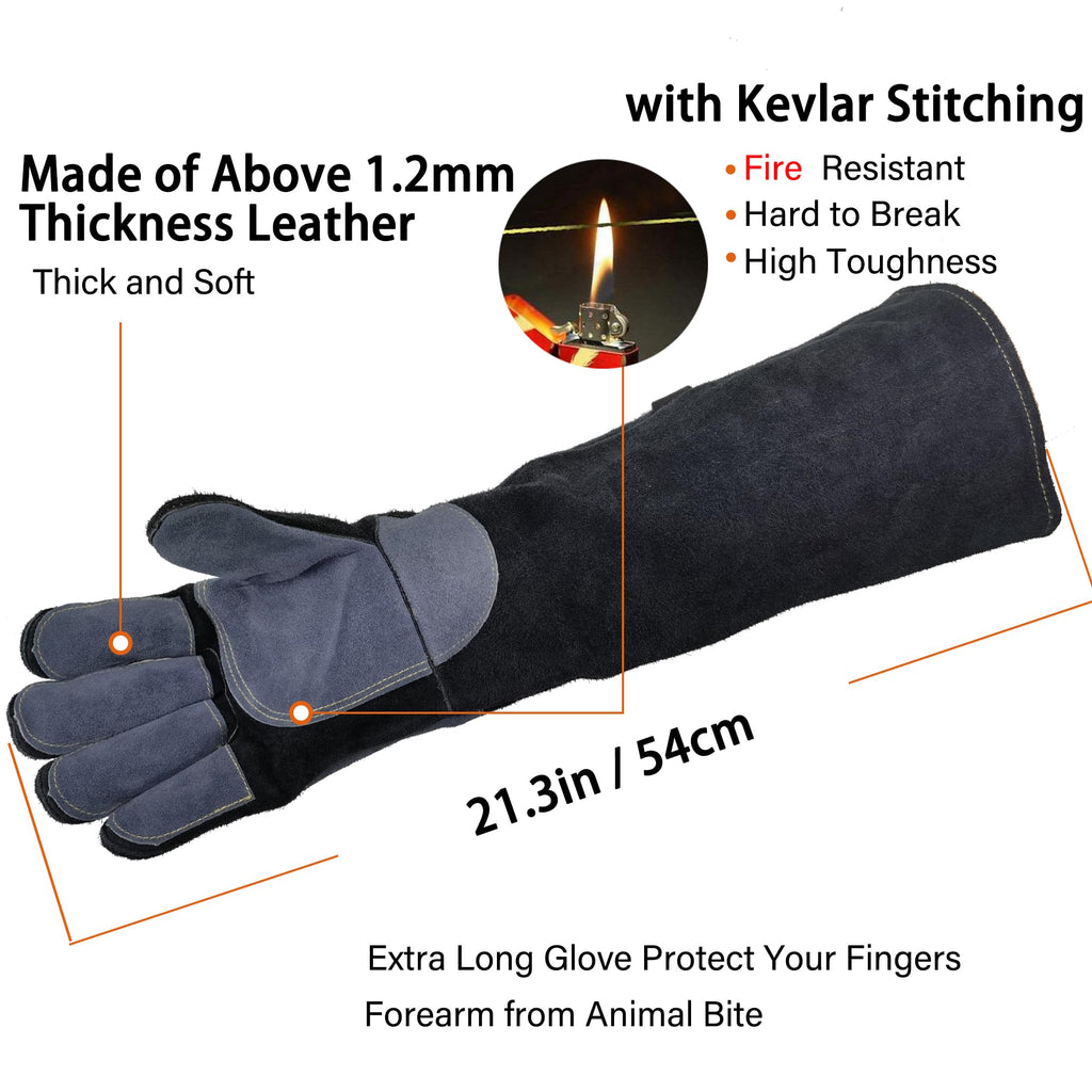 WZQH 21.3 In Leather Welding Gloves for Animal Handling,Grabbing Reptile, Grooming,Trips to Vet,BBQ,Fireplace.Puncture & Scratch Resistant, Bite Proof for Cat Dog Bird Falcon Livestock Snake M Black