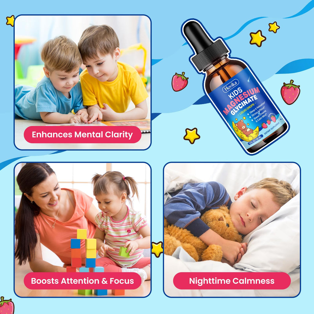 2 Pack Kids Magnesium Liquid Drops - Liquid Magnesium Glycinate Supplement with L-Theanine Omega-3, Vitamin B6, D3, Zinc - Support Sleep, Relaxation, Calm & Focus - Strawberry Flavor