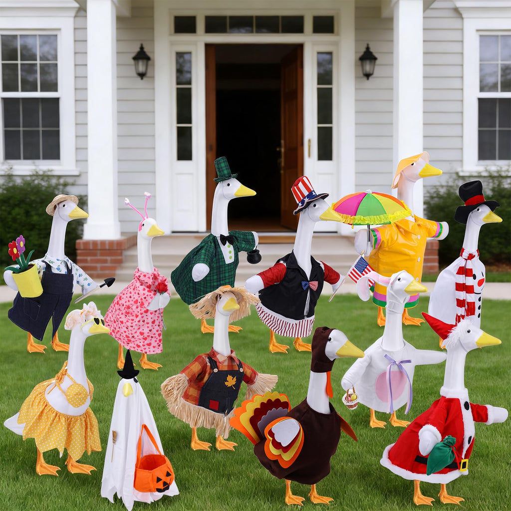 12 Set Porch Goose Outfits, Porch Goose Holiday Outfit, Spring Valentine's Day St. Patrick Easter Raincoat Summer 4th of July Halloween Fall Thanksgiving Snowman Christmas 23" Lawn Goose Clothes