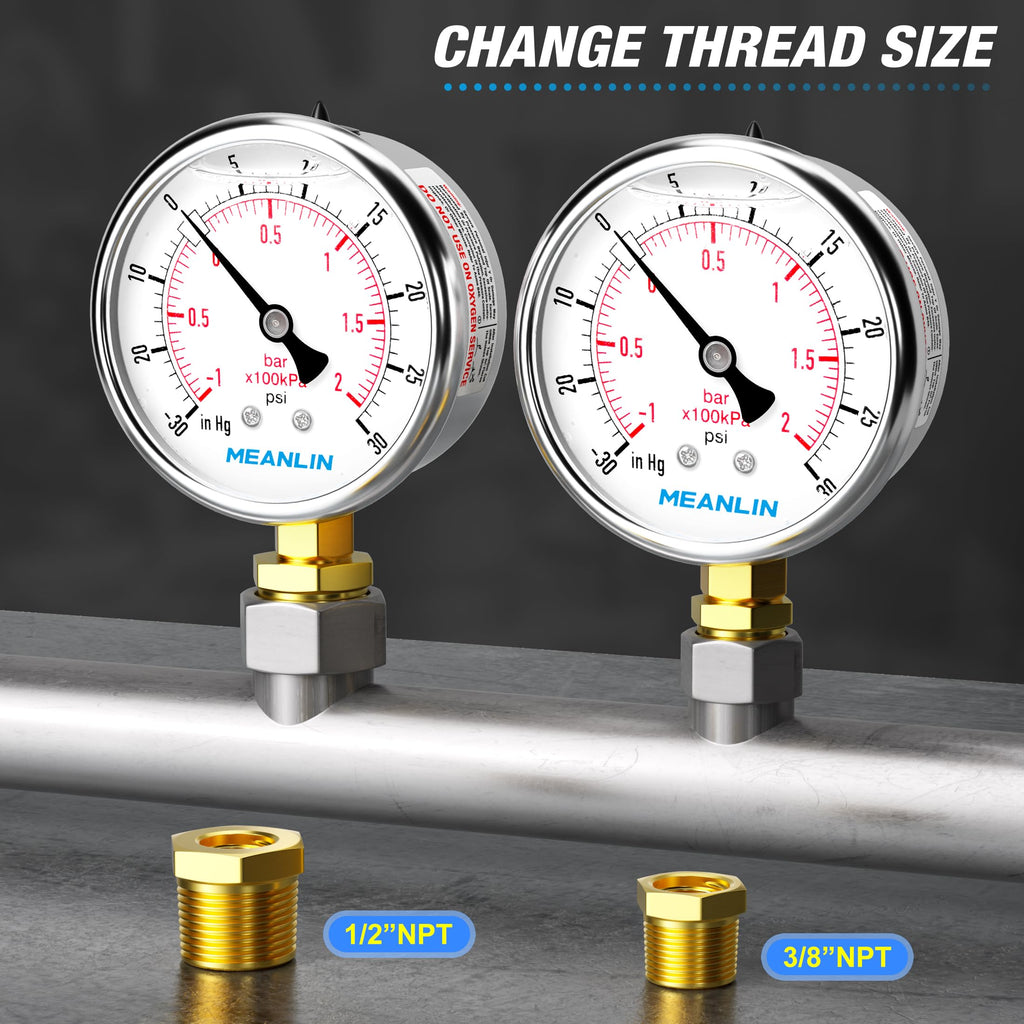 MEANLIN MEASURE -30inHG~30Psi Stainless Steel 1/4" NPT 2.5" FACE DIAL Vacuum Pressure Gauge, Lower Mount, with 1/2" NPT and 3/8" NPT Hex Bushing