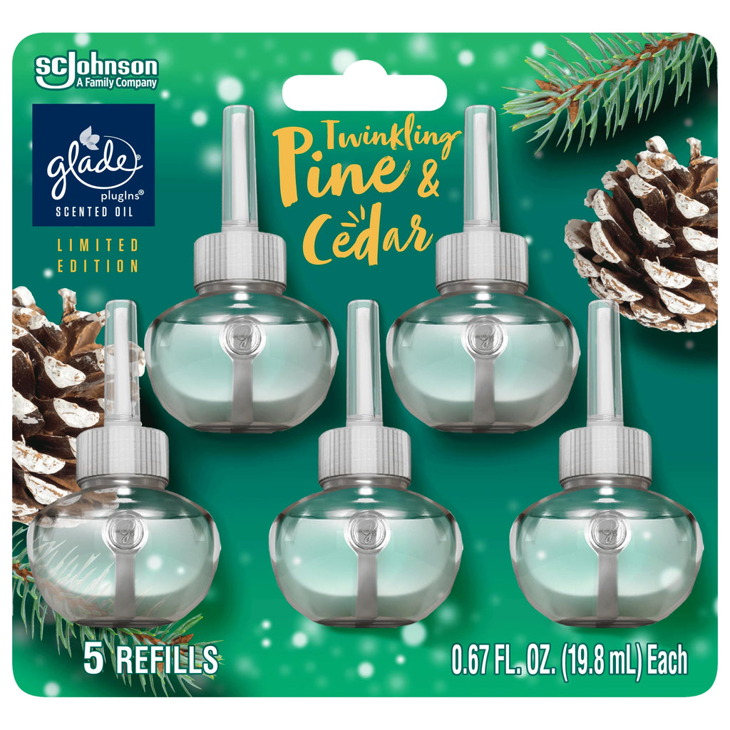 Glade PlugIns Refills Air Freshener, Scented and Essential Oils for Home and Bathroom, Twinkling Pine & Cedar, 3.35 Fl Oz, 5 Count