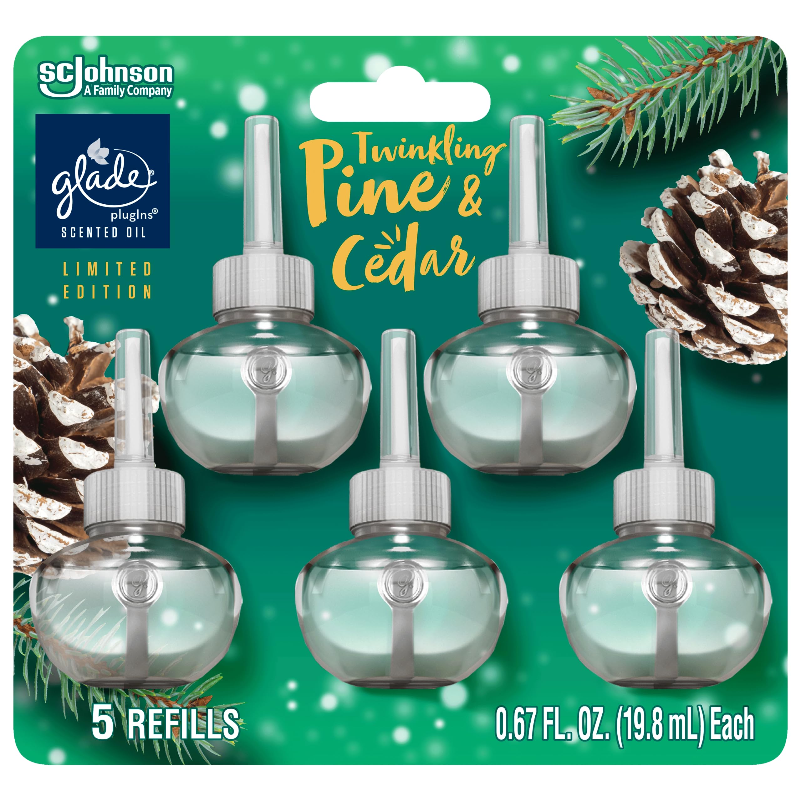 Glade PlugIns Refills Air Freshener, Scented and Essential Oils for Home and Bathroom, Twinkling Pine & Cedar, 3.35 Fl Oz, 5 Count