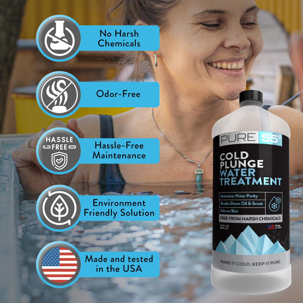 3in1 Cold Plunge Water Treatment, Weekly Natural Ice Plunge Stabilizer & Clarifier, Harsh Chemical Free, Fight Scum & Odors for Clear Waters - Pure55 Made in The USA (32 Fl Oz)
