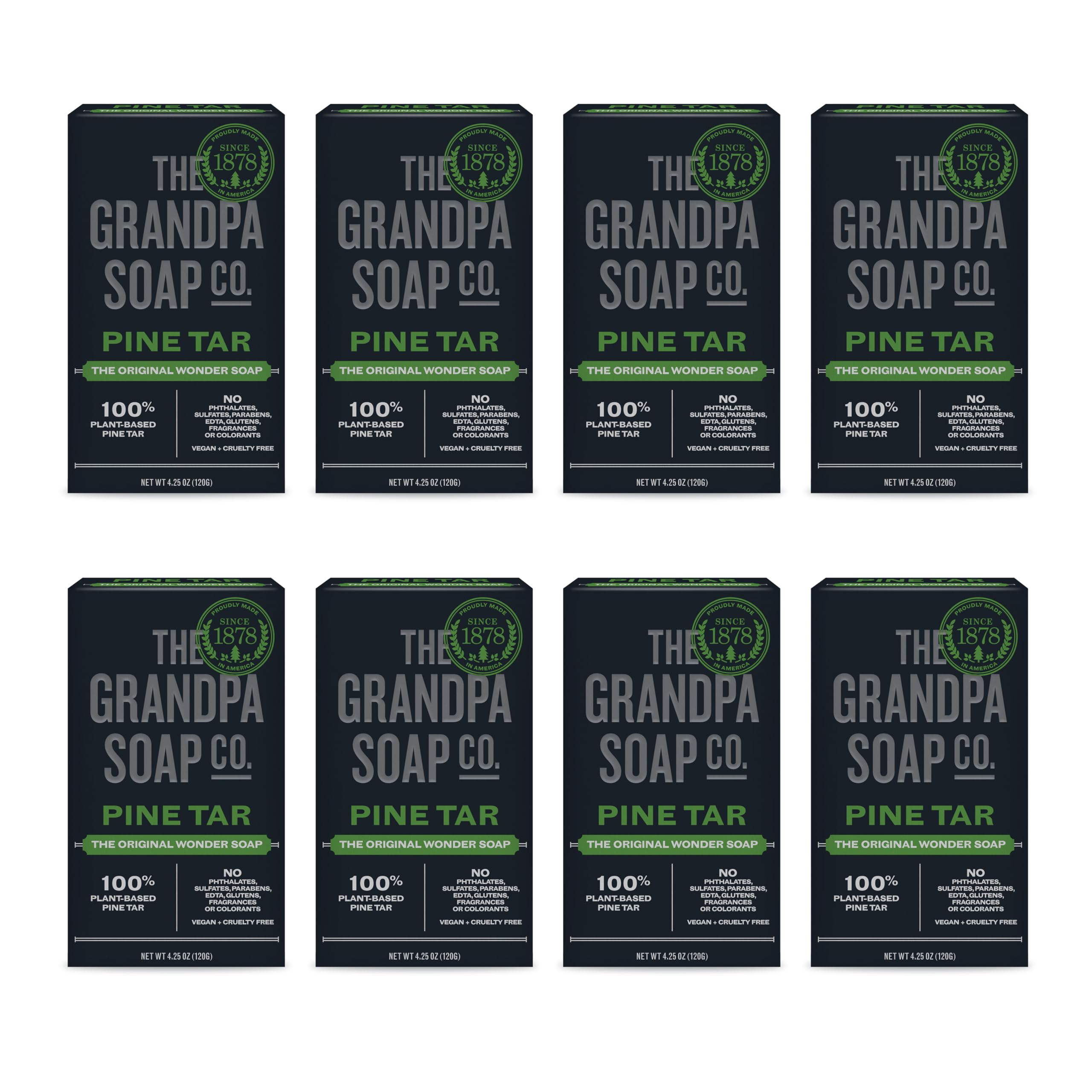 The Grandpa Soap Company Pine Tar Bar Soap for Men- Made With Pine Tar Oil, 3 in 1 Cleanser Deodorizer and Moisturizer, Dermatologist Tested, Safe for Sensitive Skin, 4.25 Oz, 8 Pack