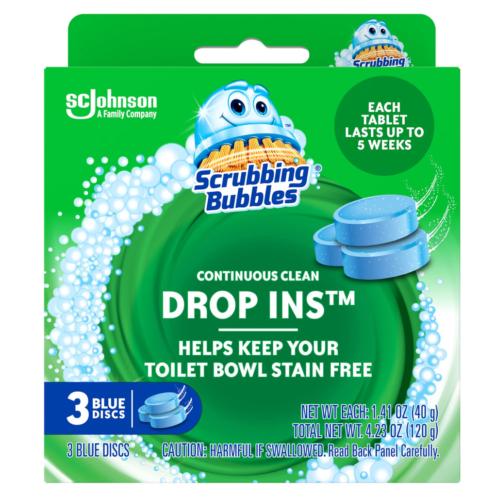 Scrubbing Bubbles Continuous Clean Toilet Drop-Ins, Automatic Blue Toilet Bowl Cleaner, Septic-Safe Tank Tablets Remove Hard Water Minerals & Limescale, Stain & Smell Protection, 3 Count (Pack of 1)
