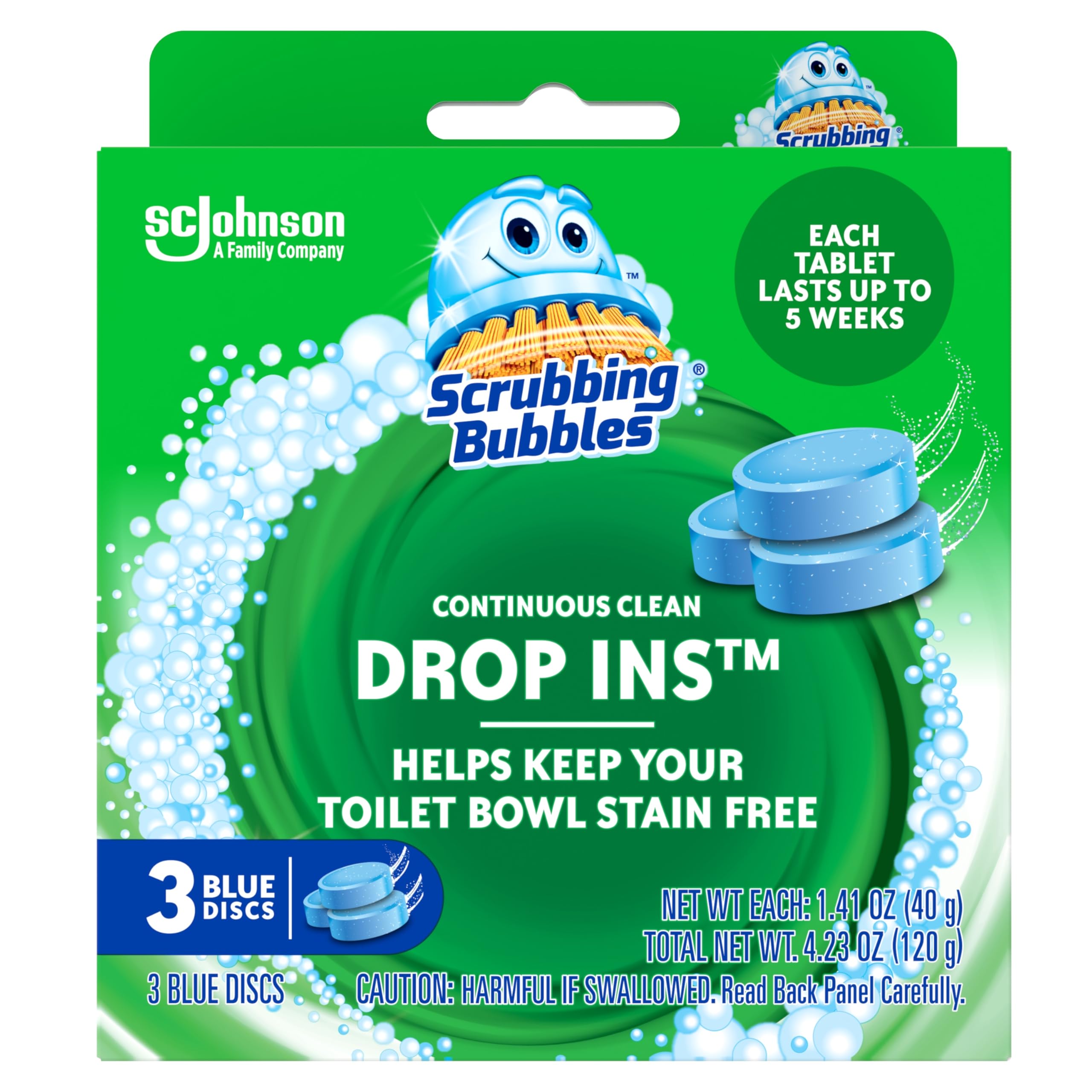 Scrubbing Bubbles Continuous Clean Toilet Drop-Ins, Automatic Blue Toilet Bowl Cleaner, Septic-Safe Tank Tablets Remove Hard Water Minerals & Limescale, Stain & Smell Protection, 3 Count (Pack of 1)