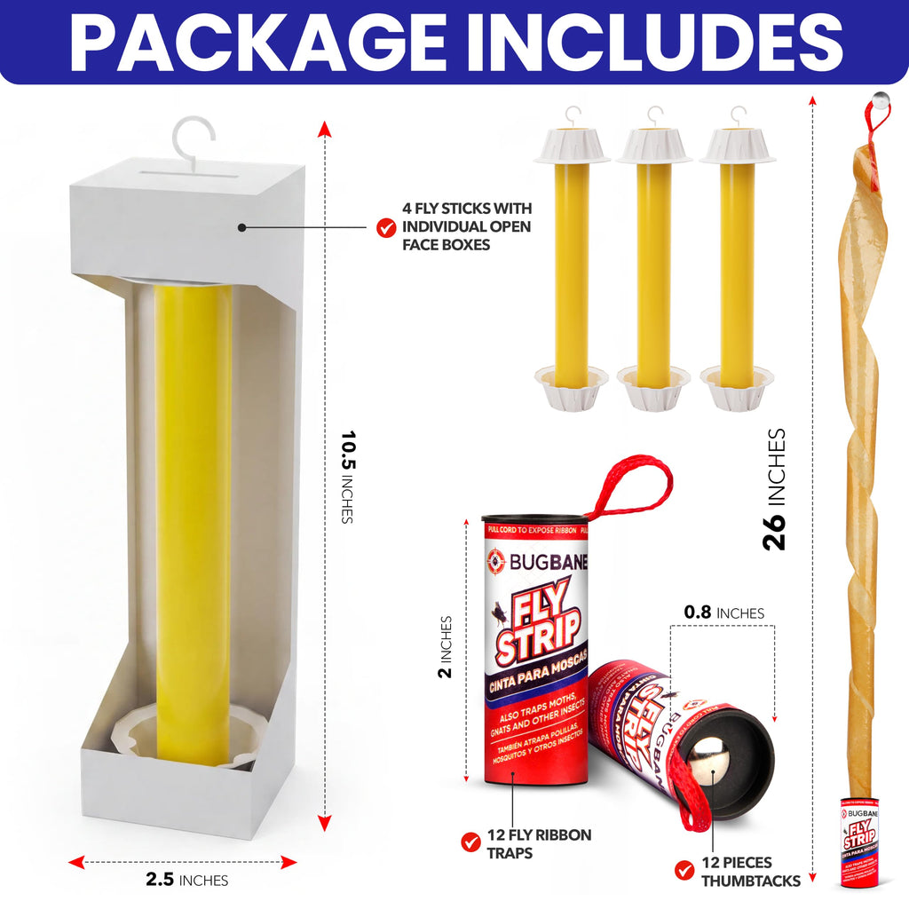 Fly Stick Sticky Fly Traps for Indoors Outdoor 4pk with 12 Ribbons. Non-Toxic Super Sticky Hanging Flies Catcher Paper Tape Strips for Home