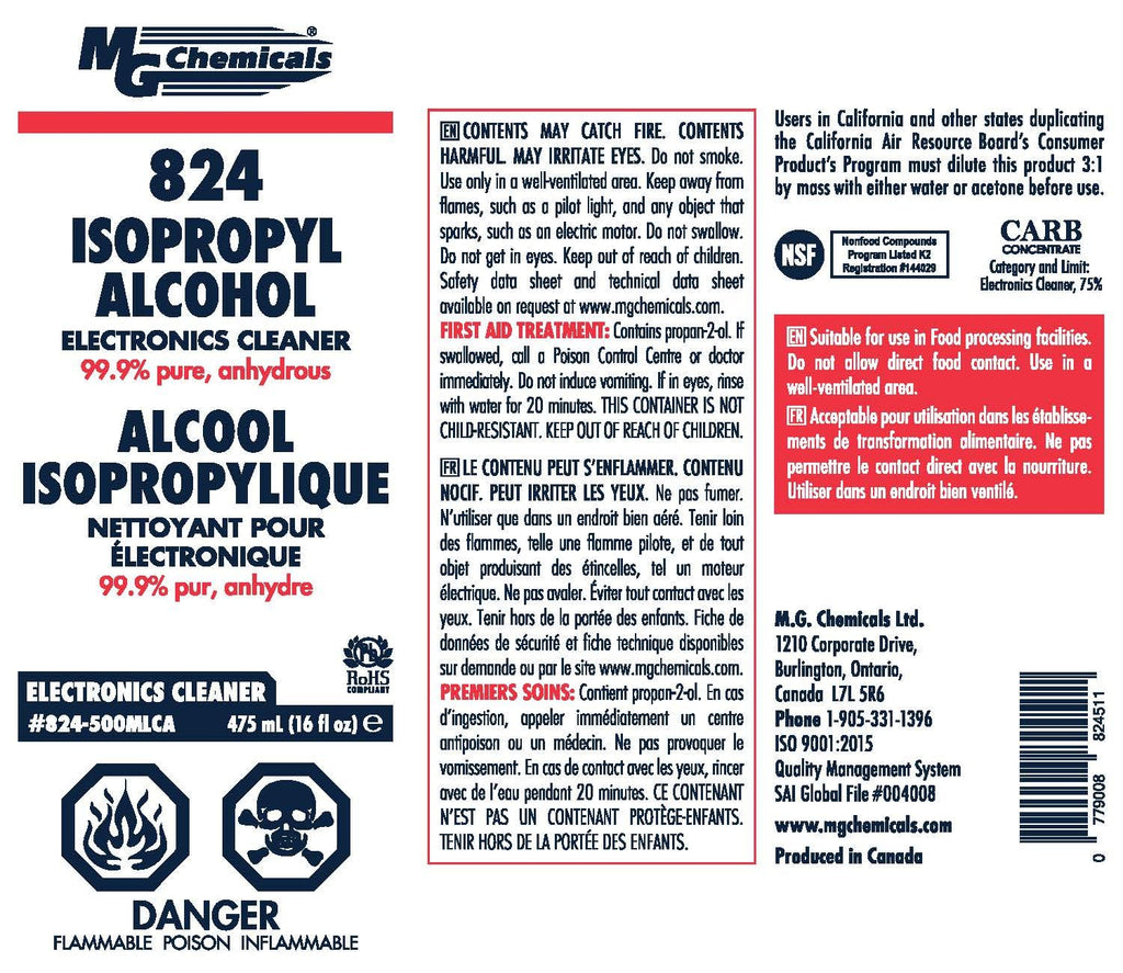 MG Chemicals 99.9% Isopropyl Alcohol Electronics Cleaner, 475 mL Liquid Spray Bottle