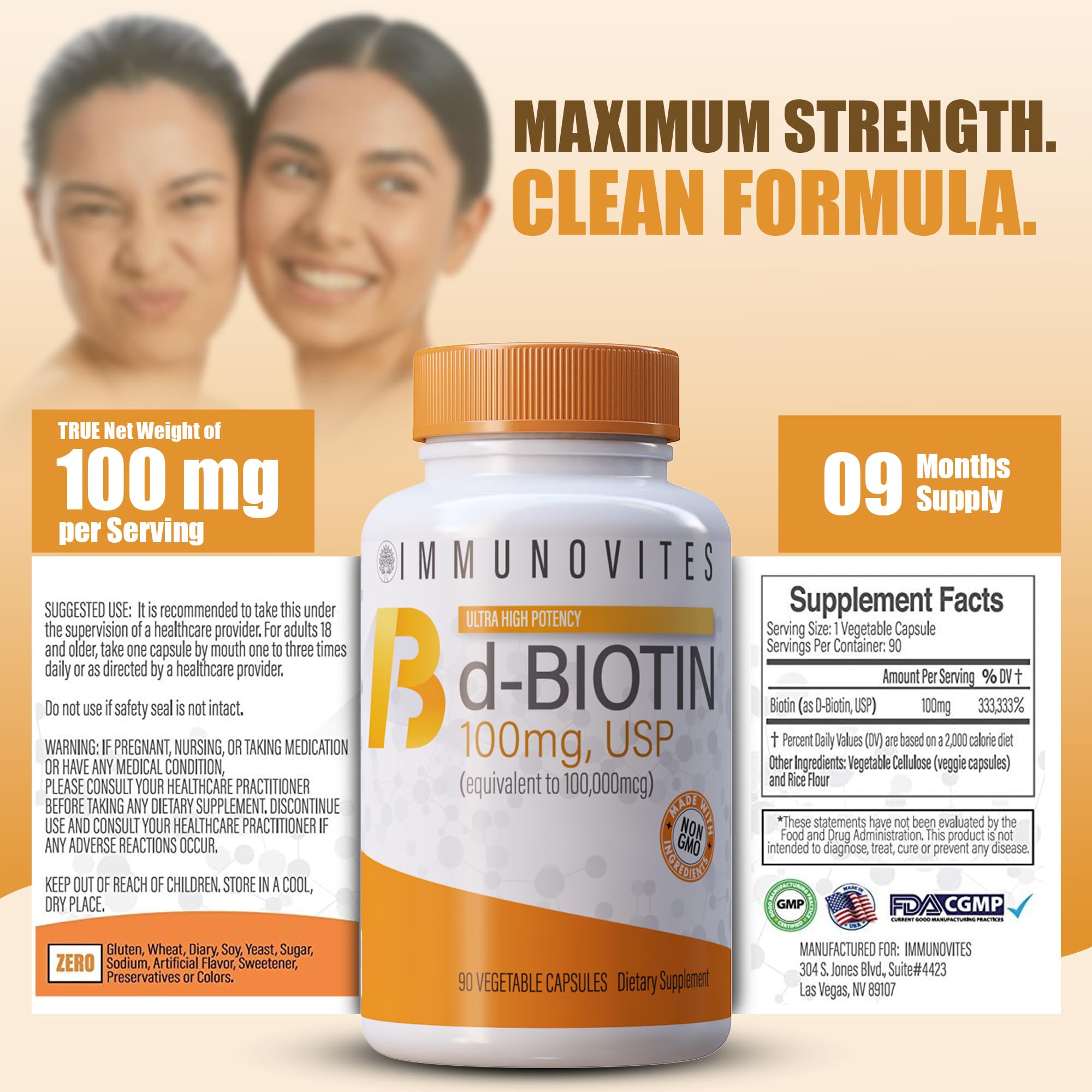 IMMUNOVITES 3-Pack High Dose Biotin (as d-Biotin, USP) 100mg (Equivalent to 100,000mcg) 90 Capsules, High Potency (3)