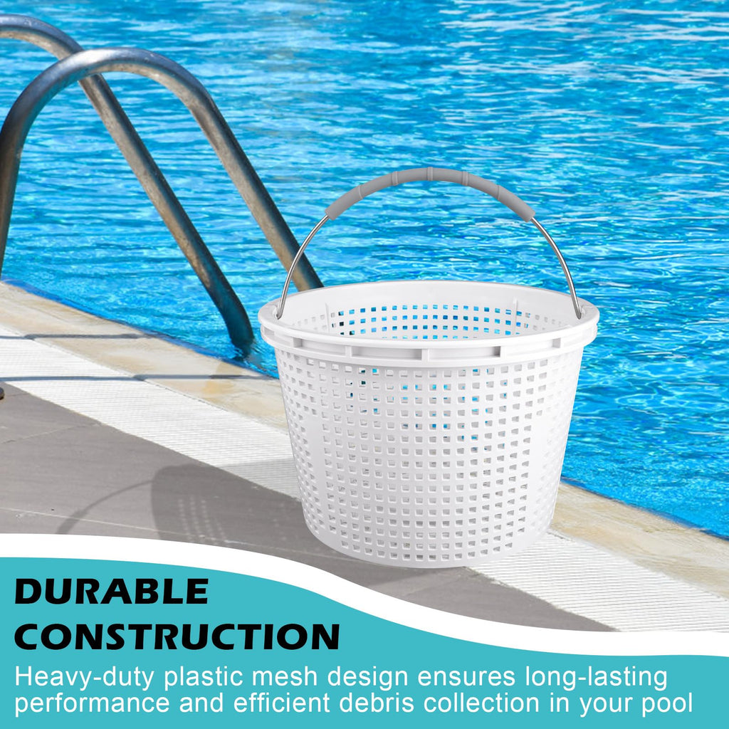 8" Pool Skimmer Basket for Inground Pool Compatible with Pentair U-3 Skimmer Basket 08650-0007 and Hayward SP1070 SPX1070E Pool Basket ，Stainless Steel Handle，Rubber Grip & Built in weighting，White