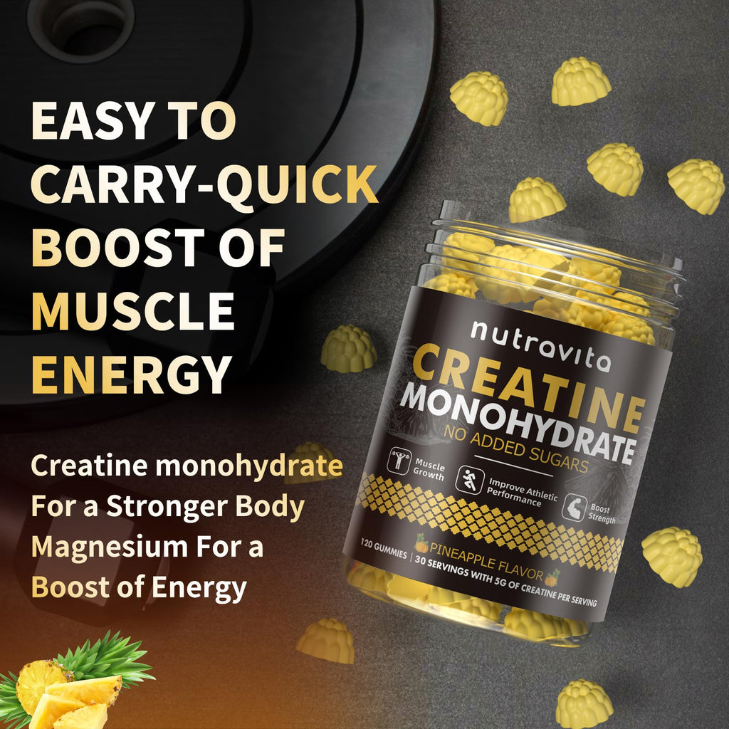 Nutravita NSF Certified Creatine Gummy - Creatine Monohydrate Gummies for Men & Women-5g of Creatine Monohydrate per Serving - Sugar Free,Vegan,Pineapple Flavor, 120 Count