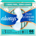 Always Pure Cotton Feminine Pads for Women, FlexFoam Pads with Wings, Size 3, Extra Heavy Flow Absorbency, Unscented, 66 Count (3 Packs of 22)