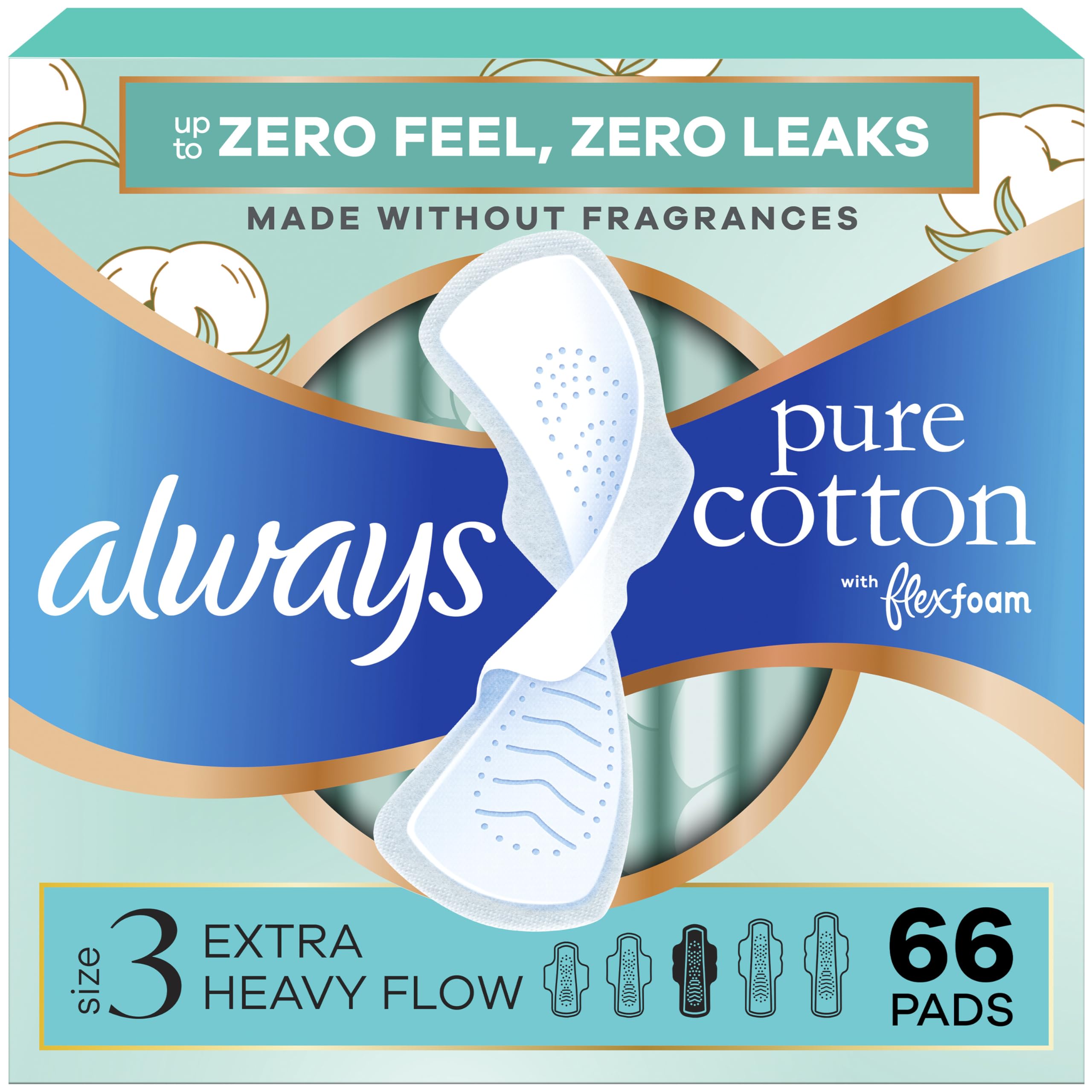 Always Pure Cotton Feminine Pads for Women, FlexFoam Pads with Wings, Size 3, Extra Heavy Flow Absorbency, Unscented, 66 Count (3 Packs of 22)