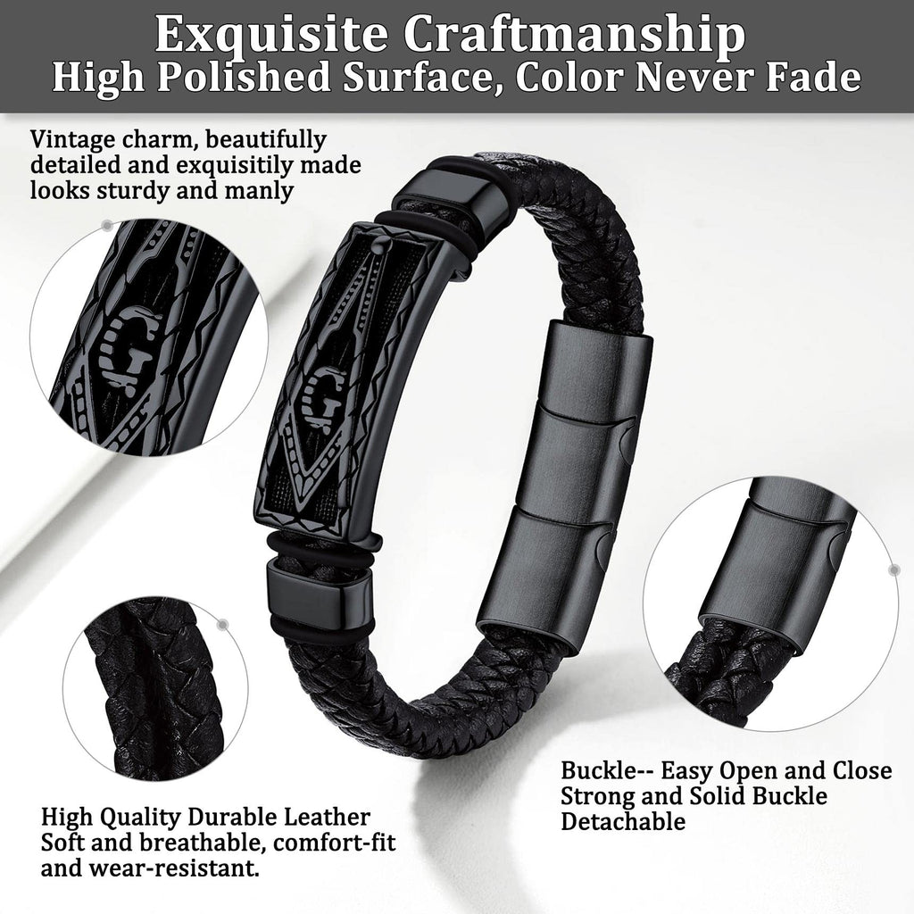 Bestyle Solid Black Freemason Symbol Masonic Leather Braided Bracelets for Men Vintage Cuff Bangle Bracelets Wrist Leather Band With Study Clasp