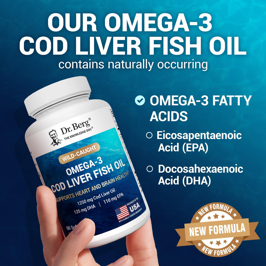 Dr. Berg Omega-3 Cod Liver Fish Oil 60 Softgels – Wild-Caught Icelandic Cod – Omega 3 EPA & DHA – Heart, Brain, Immune & Eye Support* – Lemon Flavor – 4X Lab-Tested – Non-GMO, No Fillers