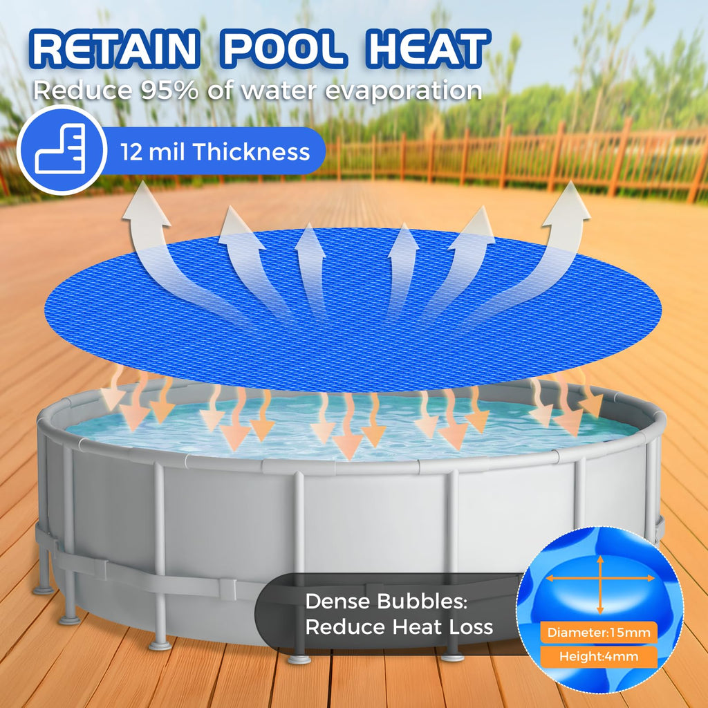 Evoio Solar Pool Cover 6 ft Round for Above Ground Inground Pools Bubble Wrap Covers for Hot Tub Spa Thermal Heating, 12 Mil Circle Blue Floating Blanket for 6-24 Foot Feet Diameter Swimming Pools