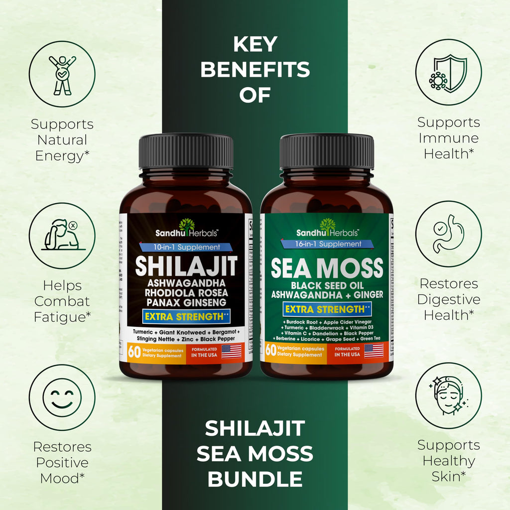 Shilajit Sea Moss Ashwagandha Combo Bundle - Black Seed Oil, Turmeric, Rhodiola Rosea, Panax, Ginseng Supplement | 120 Capsules, Better Than Gummies, Resin | Seamoss for Men & Women
