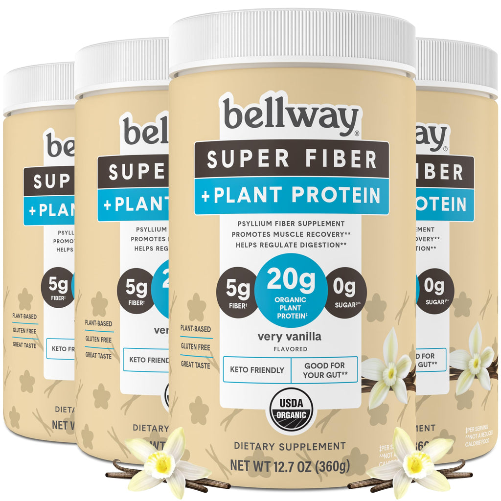 Bellway Super Fiber + Protein Powder (4 Pack), Sugar-Free Organic Psyllium Husk Fiber Supplement Powder with 20g Plant Protein Per Serving, Very Vanilla, 48.28 oz