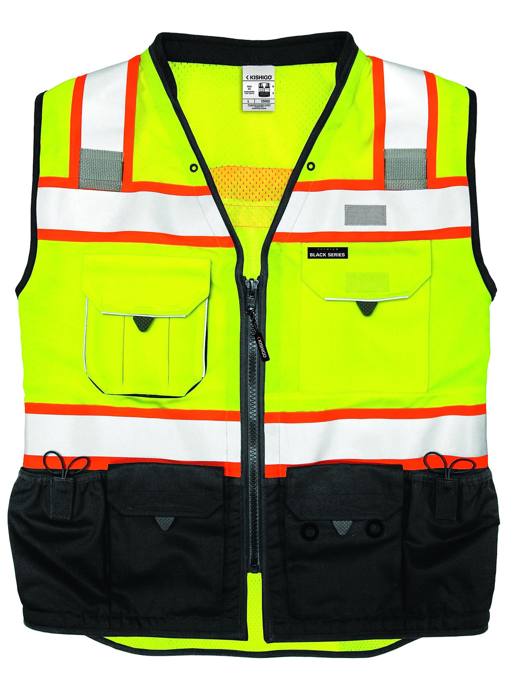 Kishigo Premium Black Series Unisex Surveyors Vest S5002, Class 2 Hi-Vis Safety Vest, 10 Pockets with Reinforced Front Zipper Closure & Durable Webbing, ANSI/ISEA 107 Compliant (Lime/Black, SM), Small