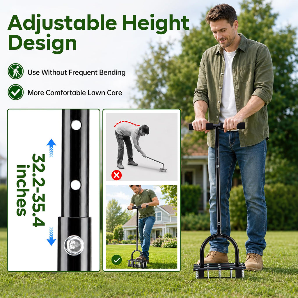 Furfrolic Lawn Aerator - 2-in-1 Manual Aerator with Automatic Dirt and Leaf Clean, Heavy-Duty Reinforced 15 Spikes & Ergonomic T-Handle for Lawn Maintenance, Garden Care, Yard Work (Black)