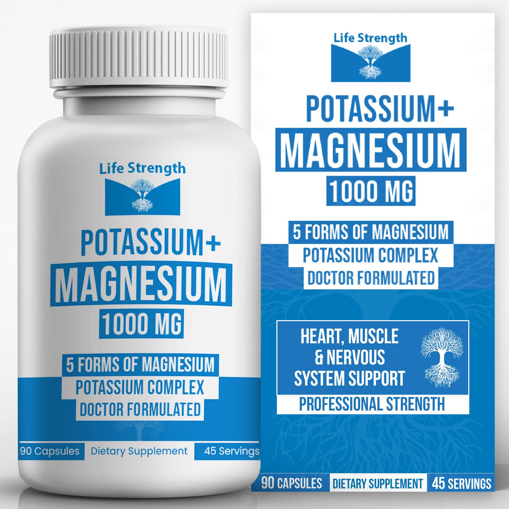 Life Strength, Potassium Magnesium Supplement 1000mg - 90 Capsules – Potassium & Magnesium Complex with Aspartate, Glycinate, Oxide, Gluconate & Citrate – Muscle, Leg & Electrolyte Support