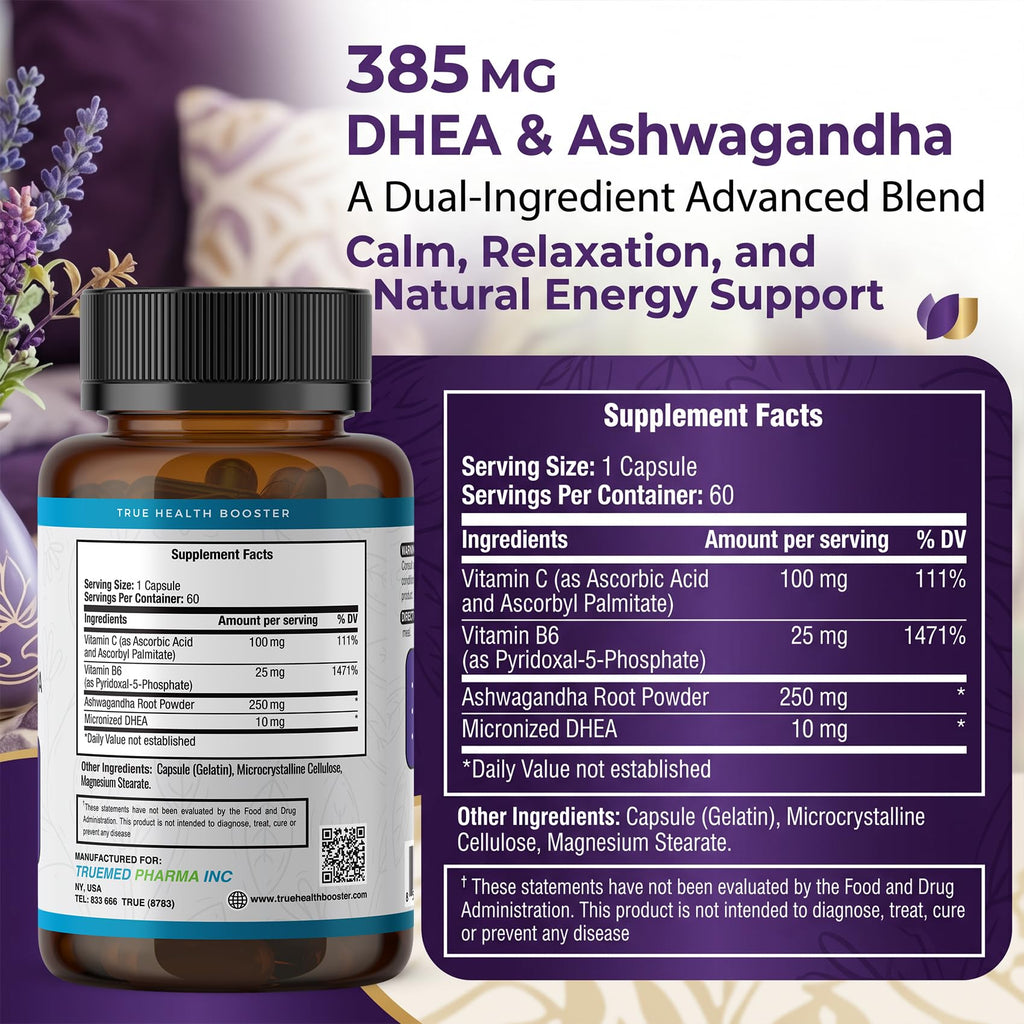 TRUEMED DHEA & Ashwagandha Supplement 385mg – Ashwagandha 250mg, DHEA 10mg, Vitamin C & B6 – Supports Relaxation, Natural Energy & Balanced Mood – Made in USA, 60 Vegan Capsules