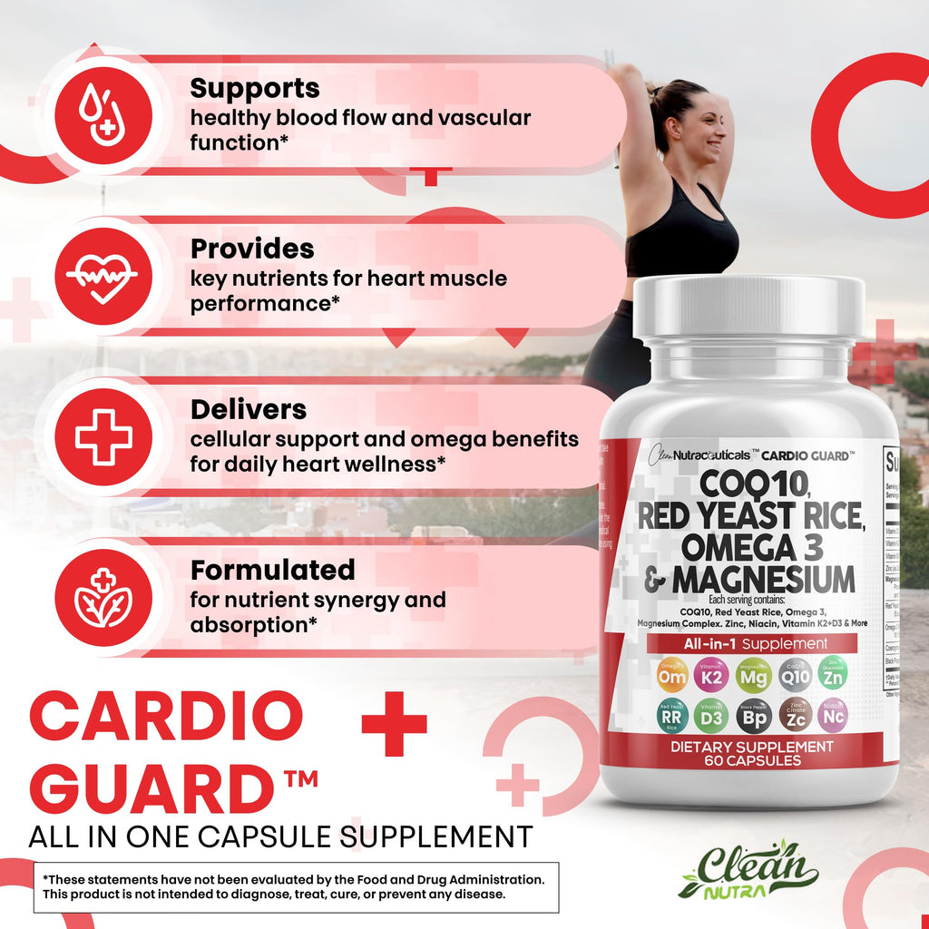 Clean Nutraceuticals COQ10 200mg Red Yeast Rice Omega 3 Magnesium Complex 500mg Niacin Zinc Vitamin K2 D3 - Heart Support Vitamins for Women & Men w/Vitamin B3, Coenzyme Q10-60 Ct