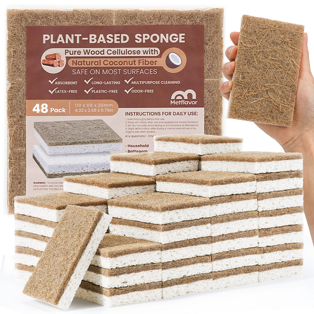 Metflavor Plant-Based Natural Kitchen Sponges,Biodegradable Non-Scratch Cellulose & Coconut Walnut Scrubber Sponge, Eco-Friendly & Sustainable (48 Pack)