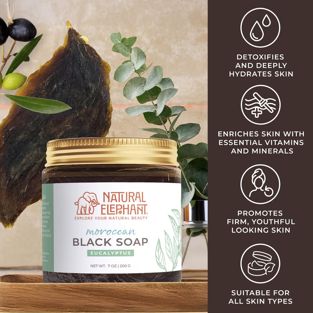 Natural Elephant Moroccan Black Soap | 7oz | Nila Indigo | Traditional Hammam Beldi Soap, 100% Natural Ingredients, Ideal for Exfoliating and Even Skin Appearance