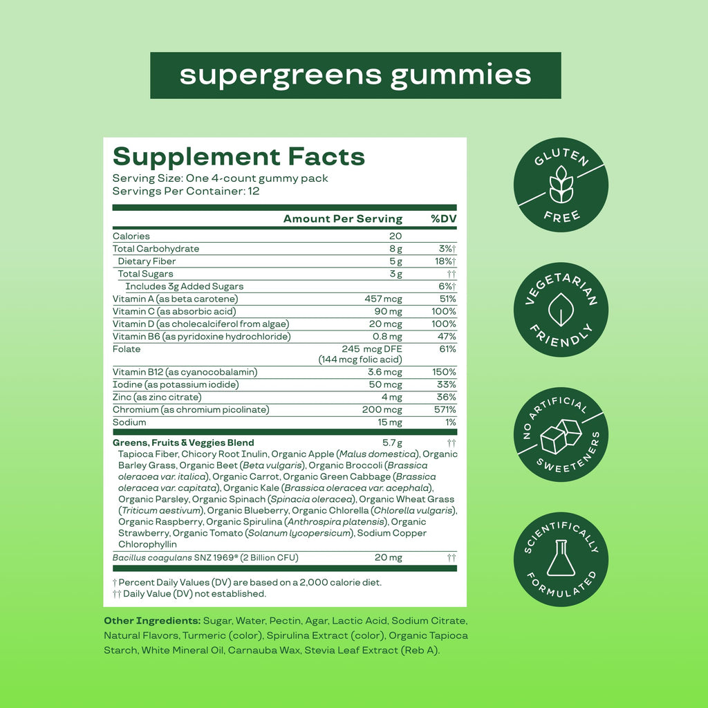 Bloom Super Greens Gummies, Daily Greens Superfood Fiber Gummies with Fruits, Vegetables, Vitamins & Minerals for Digestive & Gut Health, Bloating Support, Strawberry Kiwi, 12 Servings (48 Total)