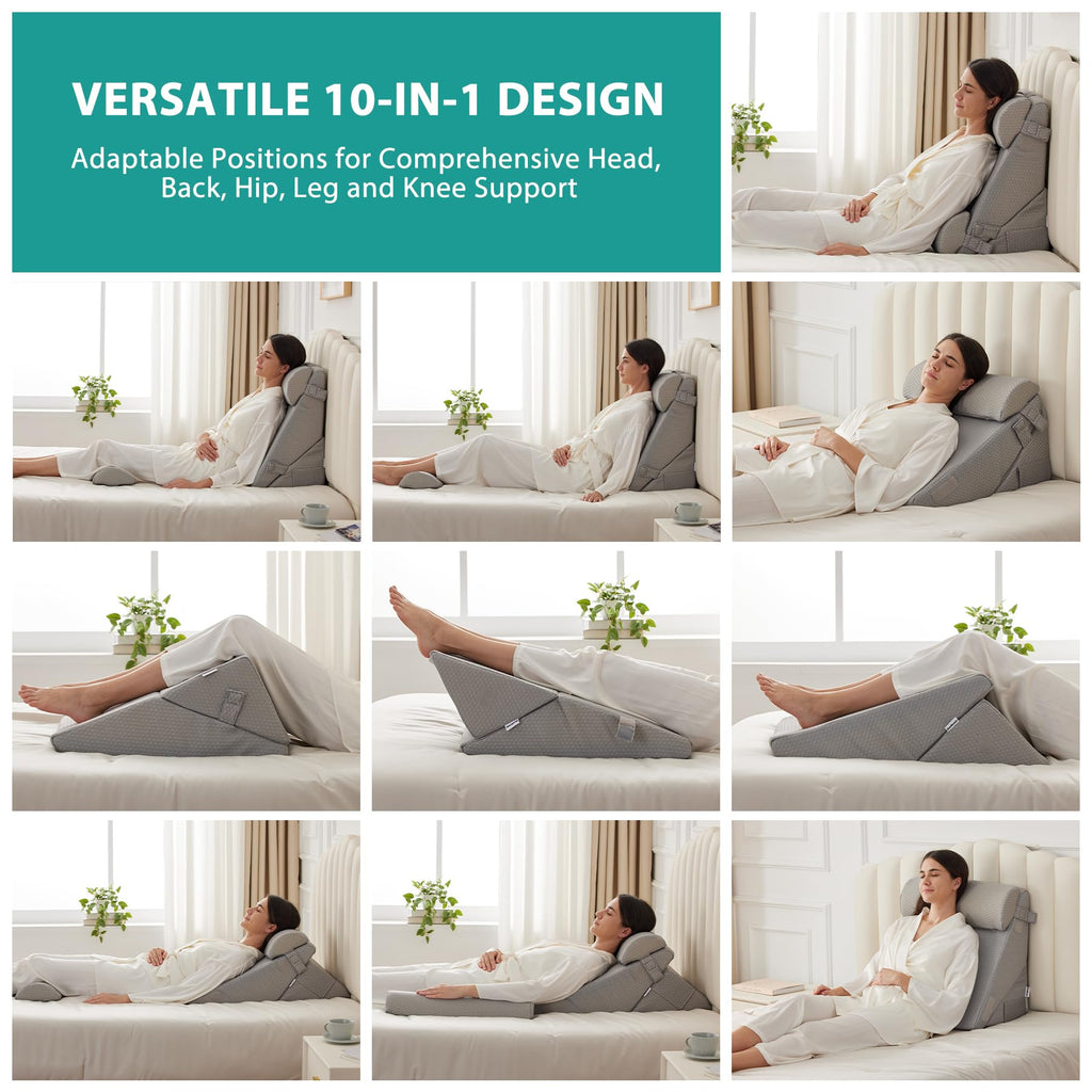 Bedluxe Adjustable 4pcs Bed Wedge Pillow Set, Memory Foam Wedge Pillows Post Surgery for Back, Neck, Leg Pain Relief, Pillow Wedge for Sleeping, Sitting up in Bed, Acid Reflux and GERD, Grey