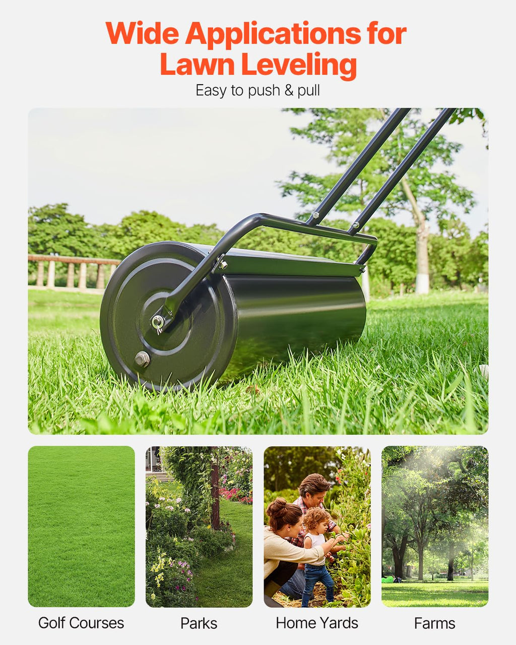 VEVOR Lawn Roller, 61L Sand or Water Filled Yard Roller, with Easy-Turn Plug and U-Shaped Ergonomic Handle for Convenient Push and Pull, Level and Compress Soil for Lawn, Garden, Farm, Park, Black