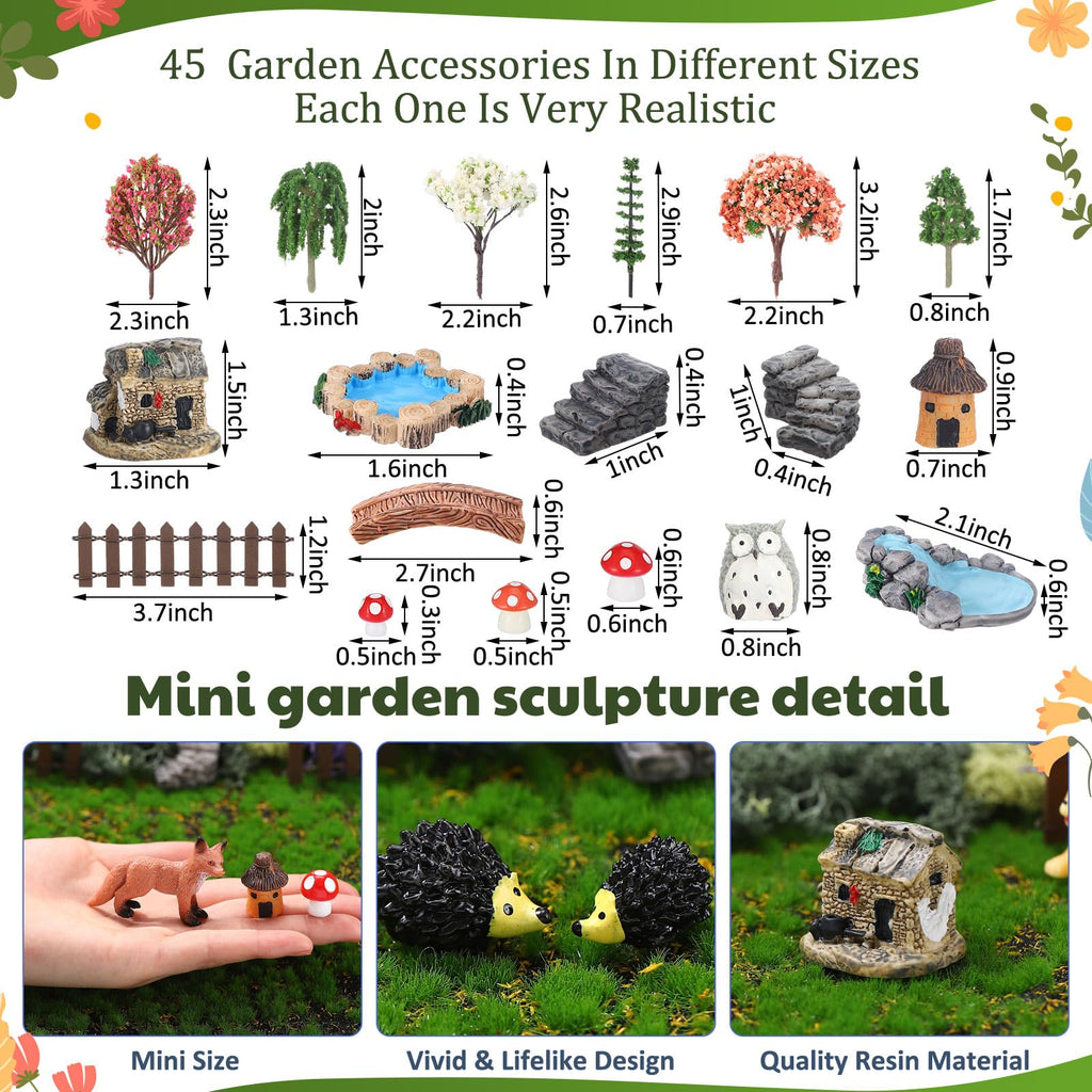 Chunful 45 Pcs Adult Fairy Garden Accessories Miniature Garden Figurines Tiny Resin Animals Forest Kit Pool Bridge Fence Pond Mushroom for Potted Plant Bonsai Terrarium Decor