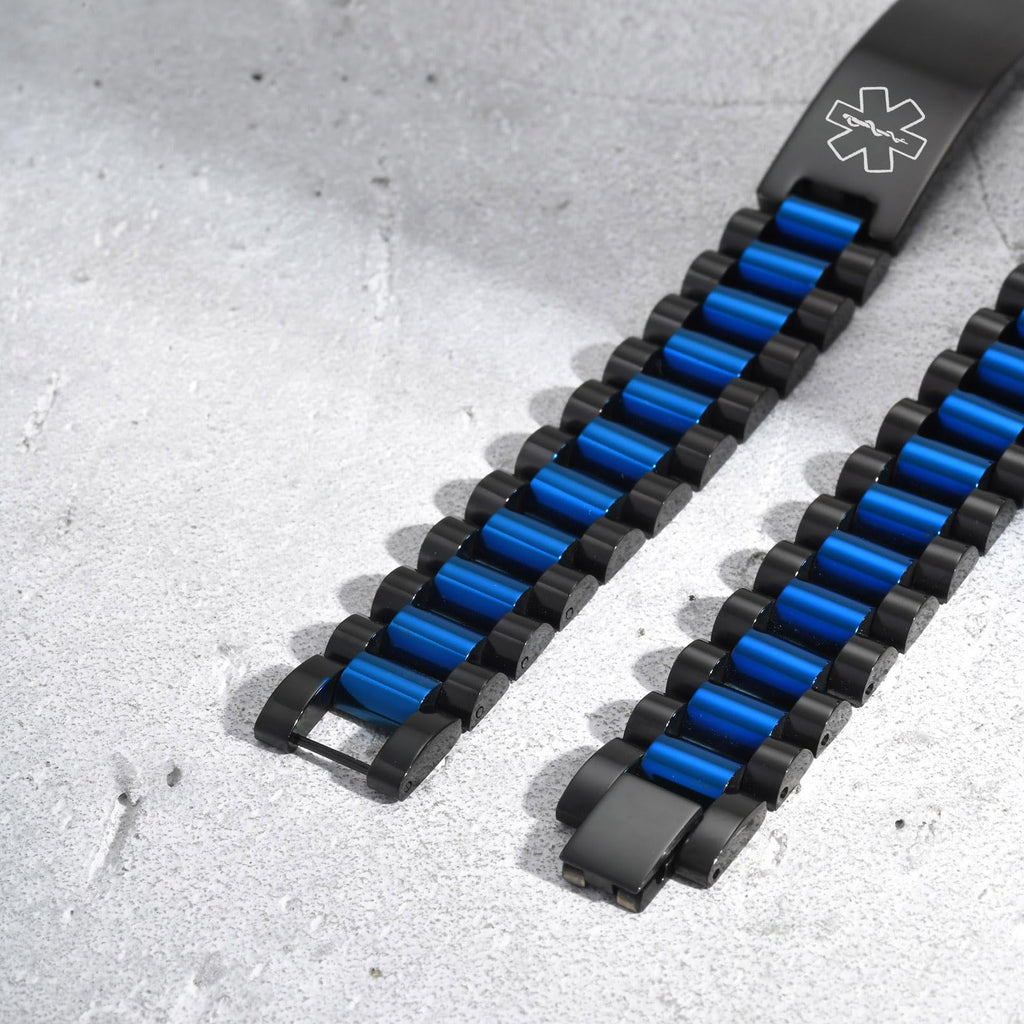 Medical ID Bracelet for Men: Free Engraving Black and Blue Stainless Steel Masculine Watch Band Style Medical Alert Wristband Personalized Medic ID Bracelet Jewelry