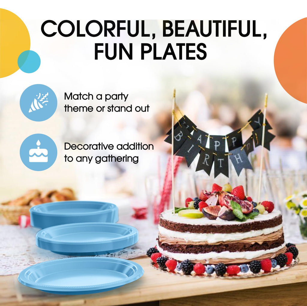 Party Solids Light Blue Plastic Plates For Party 7" Light Blue Disposable Plates For Party Supplies 100 Pcs Plastic Dinnerware Sets Heavy Duty 350 GSM Disposable Dinnerware Set