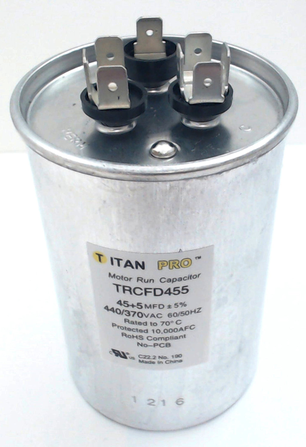 Titan PRO, 1 Count (Pack of 1), No Color Packard TRCFD455 45+5MFD 440/370V Round Run Capacitor Replaces PRCFD455