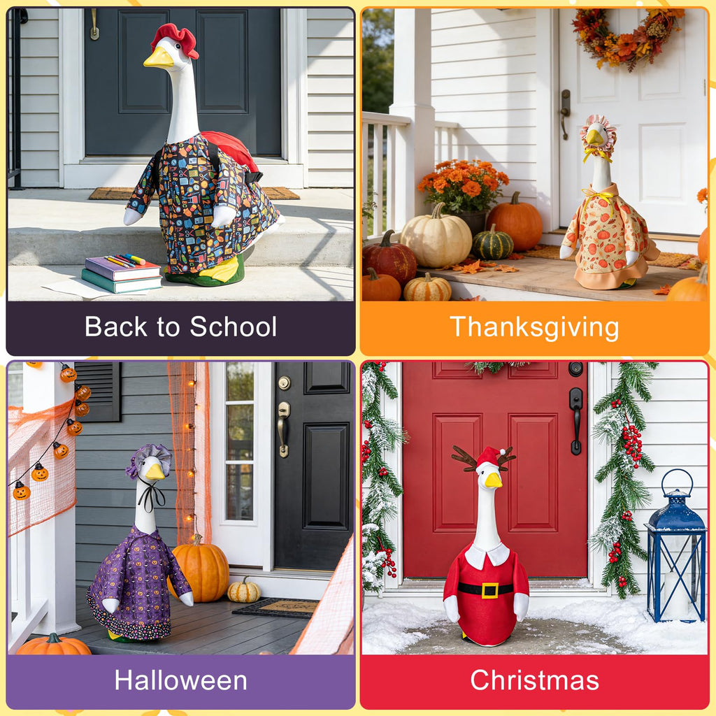 8 Set Holiday Porch Goose Outfits, All Seasons Bundle for Valentine St. Patrick Easter Summer 4th of July Fall Halloween Christmas - 23" Porch Goose Statue Patio Yard Decor