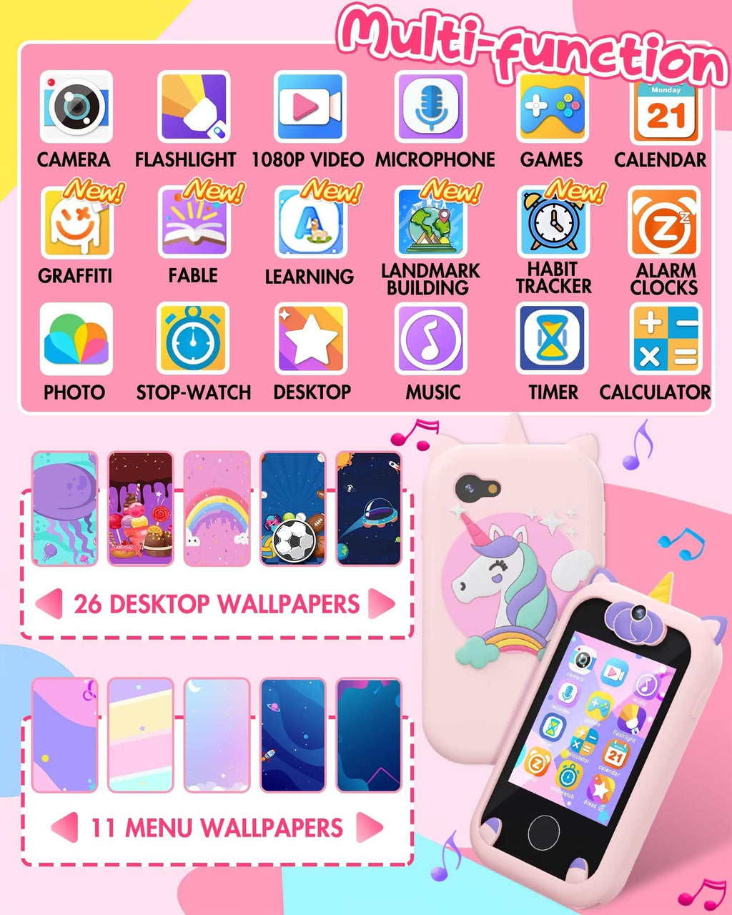 Joozfee Kids Smart Phone for Girls Unicorn Toys with 8G Memory Card,Pink