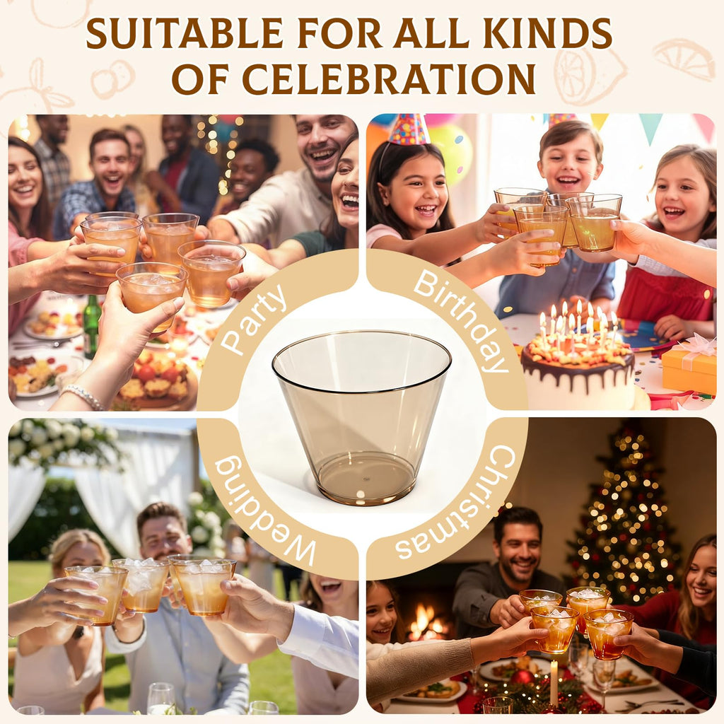 Glowserve 9 oz Clear Plastic Cups Brown Plastic Disposable Cups for Cocktail 150 Pack Fancy Cocktail Cup for Party Stemless Wine Glasses for Party Wedding Graduation Birthday Father's Day