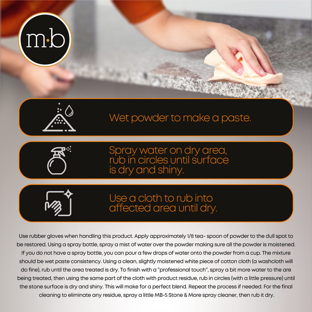MB-11 Marble Polishing Powder with Microfiber Cloth and Gloves - Spot Polish Water Stains, Rings or Etches to Restore Marble, Travertine, Limestone or Onyx