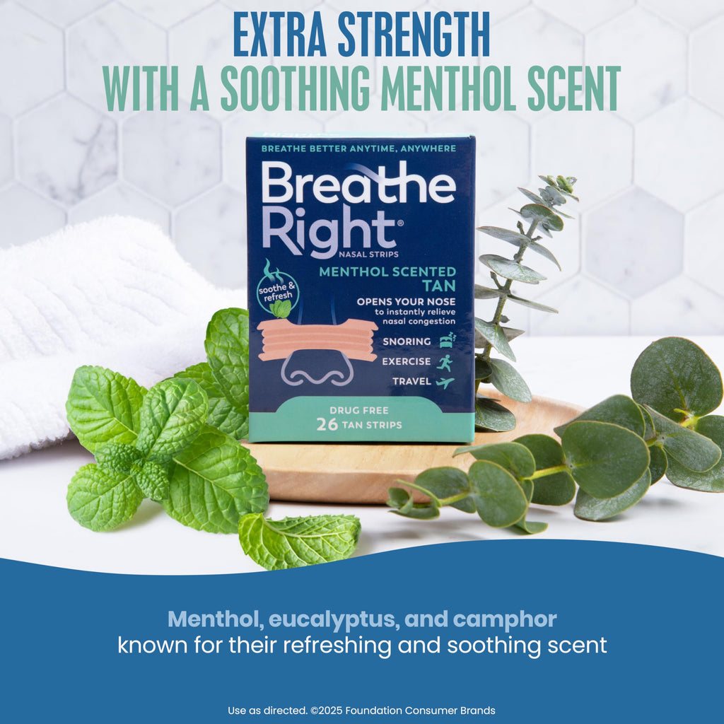 Breathe Right Extra Strength, Nasal Strips, Menthol Scent, Drug Free Nasal Congestion Relief for Better Breathing, Help Relieve Snoring, 26ct