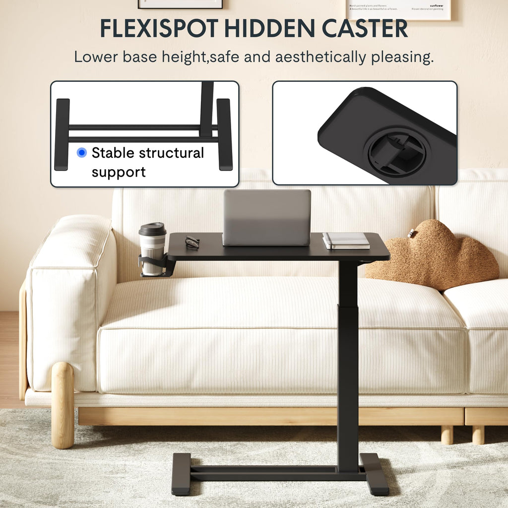 FLEXISPOT H7 Adjustable Overbed Bedside Table with Wheels Pneumatic Mobile Standing Desk Laptop Desk Rolling Computer Cart Movable Overbed Tables Hospital Home Use(27.6" W x 15.7" D, Black Table)
