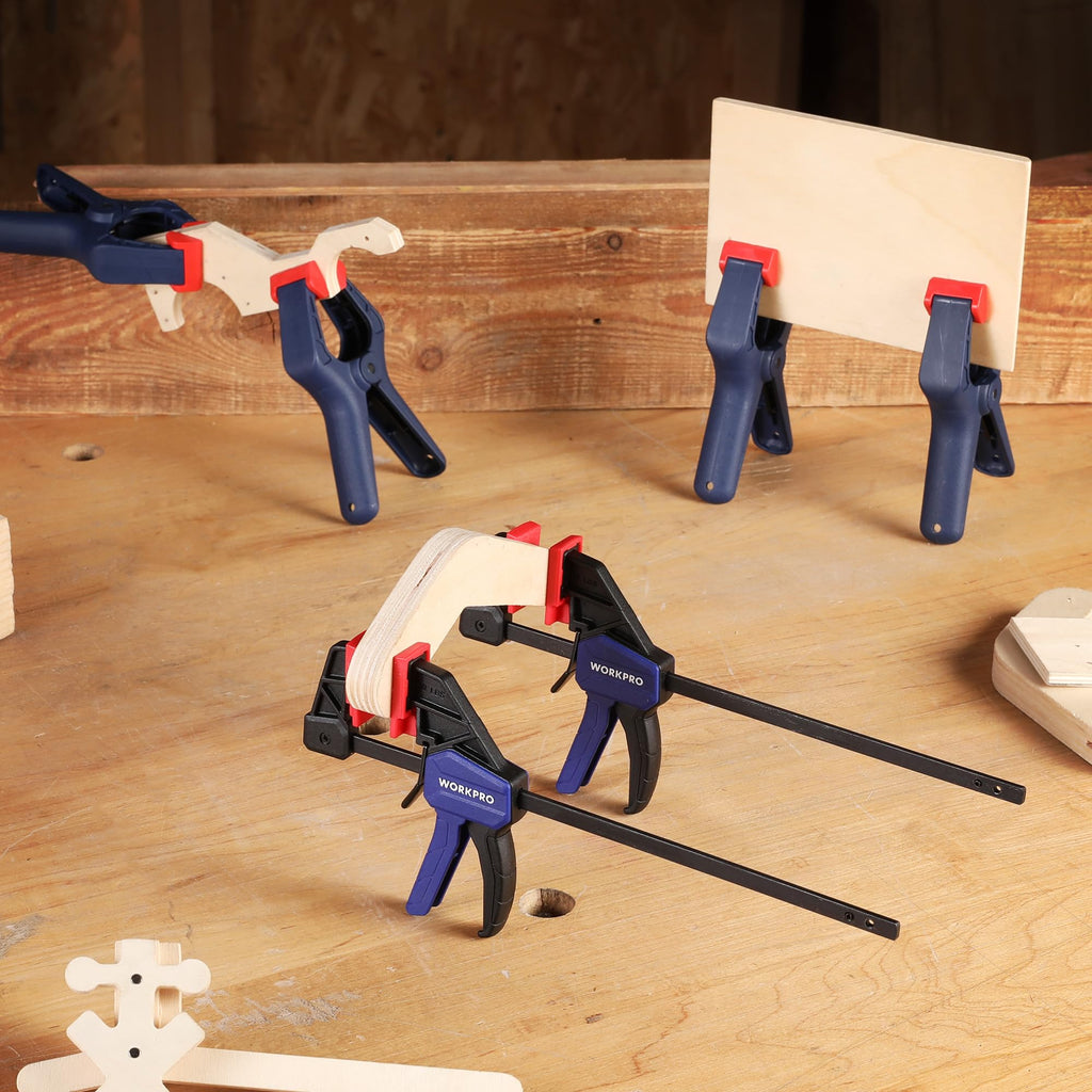 WORKPRO 10-Pack Bar Clamps for Woodworking, 6-Inch (2) Mini & (2) Light Duty and 12-Inch (2) Wood Clamps & 4-1/2-Inch (4) Spring Clamps, F Clamp with 50/150 LBS Load Limited