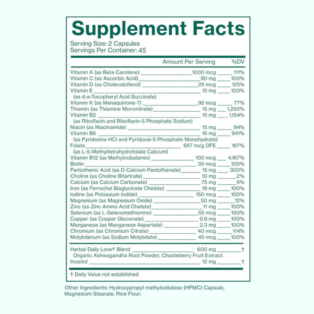 Love Wellness Daily Love Multivitamin for Women | Supports Energy, Cortisol, Immune Health, Stress Relief, & PMS | Complete with Vitamin D, C, Iron, Calcium, Zinc, & Biotin, Magnesium (45-Day Supply)