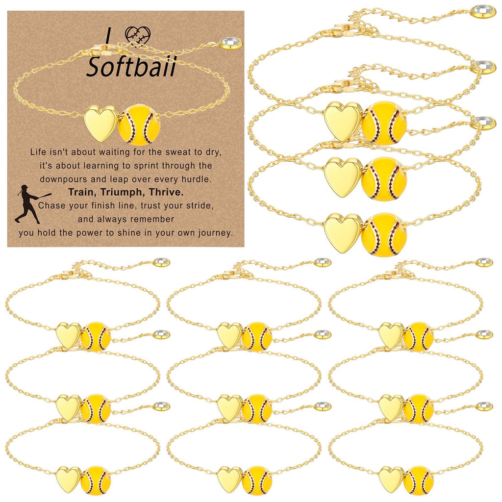 Tondiamo 12 Sets Baseball Volleyball Softball Soccer Tennis Football Bracelet for Women Dainty Gold Plated Heart Bracelets Sport Lovers Gifts Sports Jewelry Gifts(Softball)