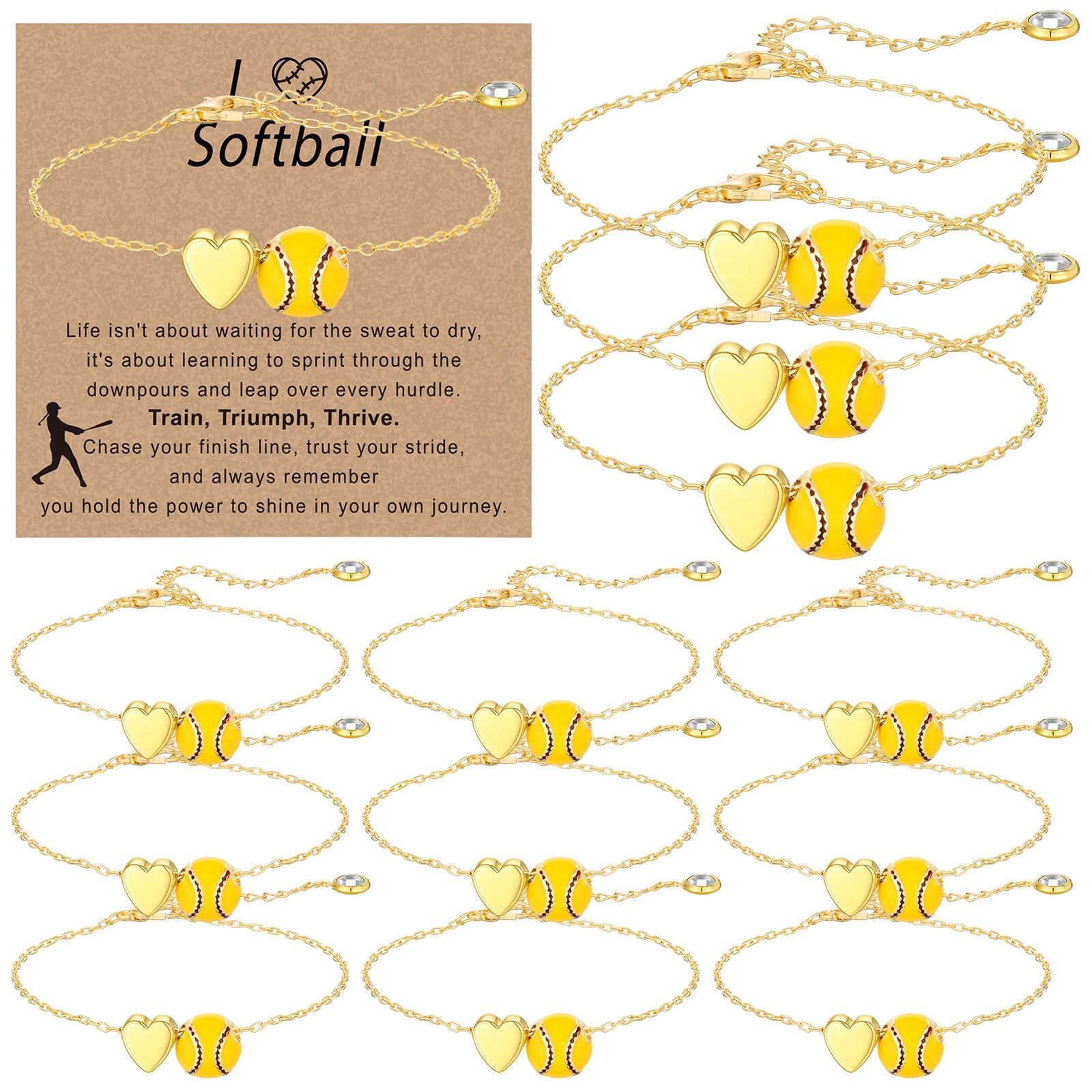 Tondiamo 12 Sets Baseball Volleyball Softball Soccer Tennis Football Bracelet for Women Dainty Gold Plated Heart Bracelets Sport Lovers Gifts Sports Jewelry Gifts(Softball)