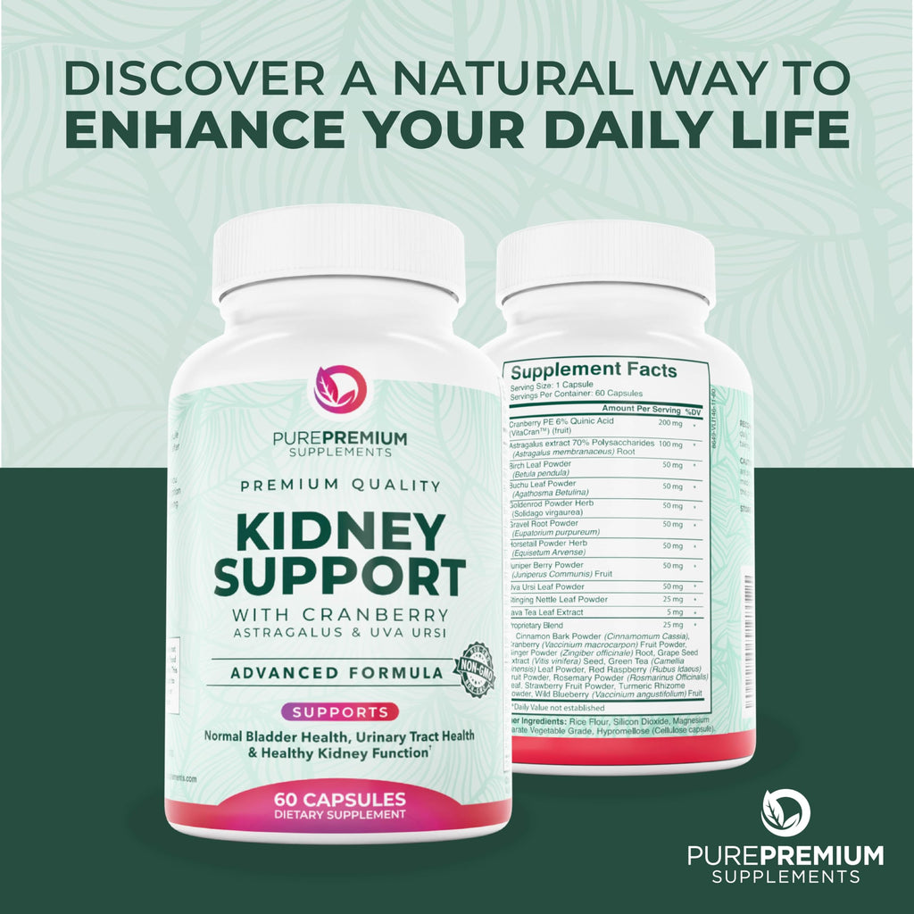 PurePremium Kidney Support Supplement – Kidney Cleanse Detox & Repair with Cranberry Extract & Astragalus - 21-in-1 Complex Supports Normal Bladder, Urinary Tract & Kidneys Health - 60 Day Supply